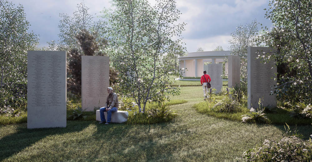 Render of the new Brookwood 1914-1918 Memorial showing five tall memorial stele arrayed around a garden with plantbeds and young trees.